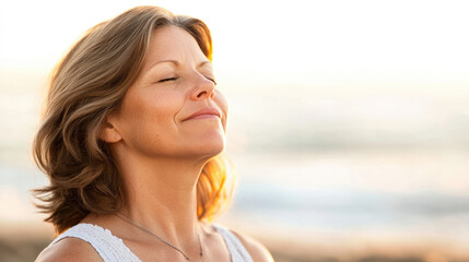 Smiling woman enjoying the sunlight at beach with eyes closed, happy, peaceful