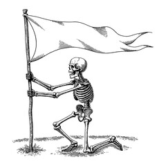 Skeleton Surrender Holding White Flag Kneeled Down Black and White Outline Line Art Drawing