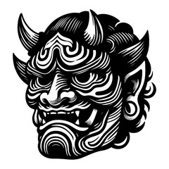 Fototapeta premium Japanese Oni Mask with Horns Traditional Black and White Outline Line Art Drawing
