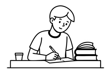 student focused on writing line art drawing
