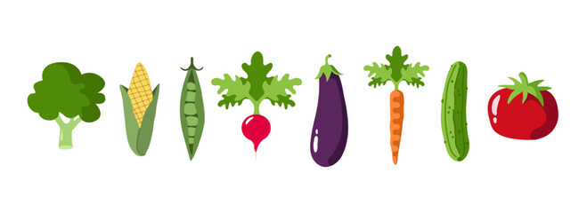 Vegetable food illustration vektor icon set: broccoli, corn, peas, radish, eggplant, carrot, cucumber, tomato
