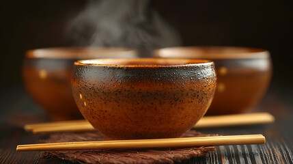 A serene scene featuring steaming bowls of soup with chopsticks resting beside them, set against a dark, textured background