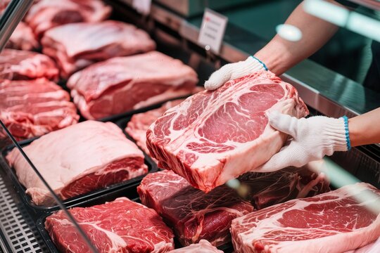 butcher or meat department worker handling fresh cuts of meat in a display case concept carnicero o empleado de una carnicería manipulando cortes de carne fresca en un concepto de vitrina kasap et