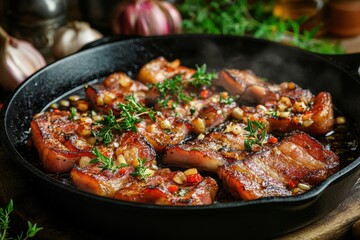 Fototapeta premium Crispy bacon sizzling in a cast iron pan with herbs and spices, Crispy bacon frying in cast iron pan with garlic and fresh herbs Culinary cooking concept