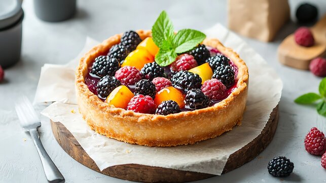 Fruit tart with fresh blackberries, raspberries, peaches, and mint. Baked crust on a wooden board, paper, fork - Powered by Adobe
