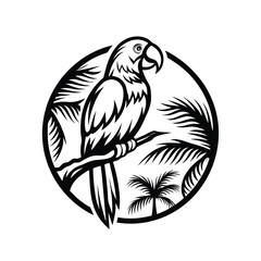 Silhouette of Parrot on Palm Branch, Circular Tropical Design, Exotic Bird, Black and White