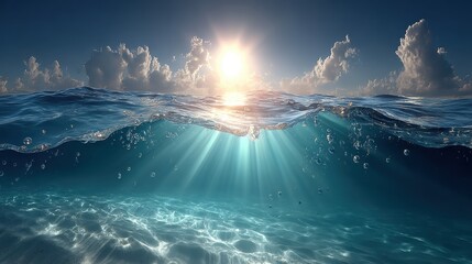 Naklejka premium Serene split view of crystal blue waters above and below perspectives