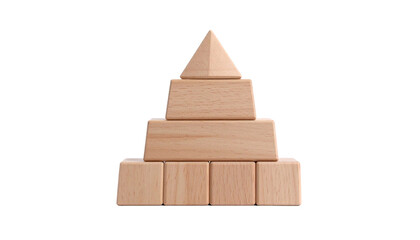 Wooden pyramid blocks arranged with a pyramid on top, showing building blocks