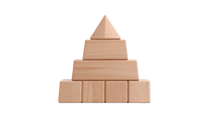 Wooden pyramid blocks arranged with a pyramid on top, showing building blocks