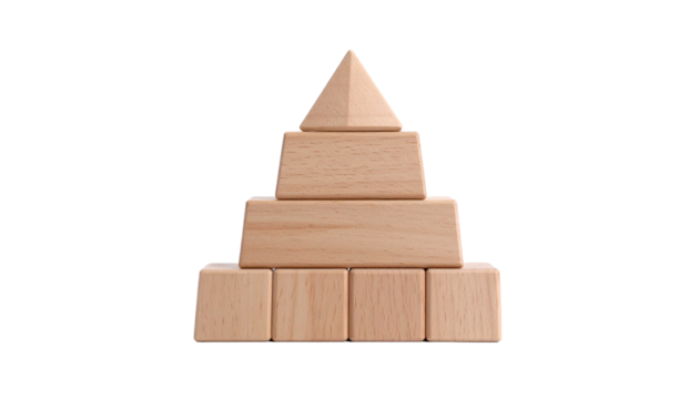 Wooden pyramid blocks arranged with a pyramid on top, showing building blocks