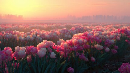 An ethereal tulip garden with radiant hues blending seamlessly into the warm sunset colors