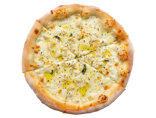 Delicious overhead view of a freshly baked white pizza with garlic and basil on a white background