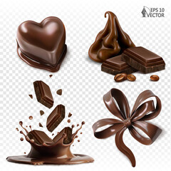 Vector set of sweet desserts. Realistic splash of liquid chocolate with falling slices. Melting praline candy. Chocolate gift bow, ribbon. Food illustrations, design elements