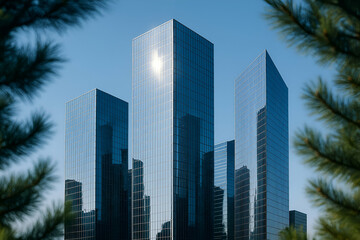 Modern skyscrapers with reflective glass surfaces.