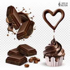 Realistic chocolate splash with slices inside. Vector set of different desserts isolated on white background. Chocolate cupcake, mousse, muffin. Food illustrations, design elements
