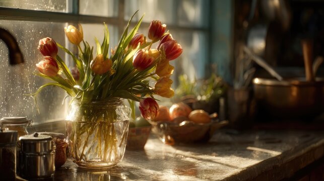 An uplifting kitchen scene where tulips rest in a glass vase, soaking in the golden hues of midday sunshine