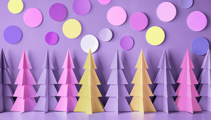 Pink, purple and yellow folded paper Christmas tree decorations in Scandi Nordic Noel style with cut paper polka-dot background. Fun trendy craft idea.