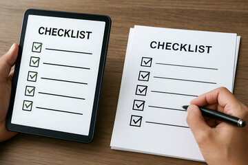 Hands using checklist on tablet and paper.