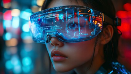 Young person wears futuristic immersive goggles, brightly lit background