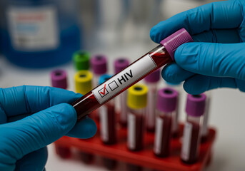 Naklejka premium Analyzing HIV Blood Sample with Check Mark in Laboratory Setting