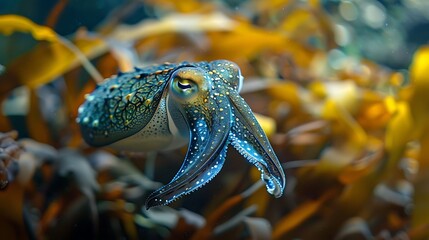 Fototapeta premium Close up of a cuttlefish swimming in the ocean among seaweed