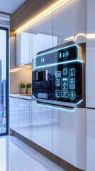 Modern kitchen with a futuristic built-in appliance, smart display, bright lighting