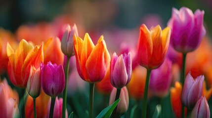 Vibrant tulips bathed in rich orange and pink hues of a late evening glow