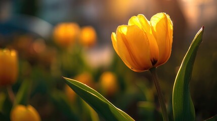 Vibrant yellow tulip illuminated by soft golden sunlight