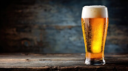 Tall glass of amber beer with foamy head on aged wood table, set against rustic blue-toned background, perfect for bar menus, ads, brewing promotions, and Oktoberfest designs