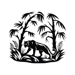 Silhouette Black Panther Walking Among Bamboo Trees and Foliage on a White Backdrop