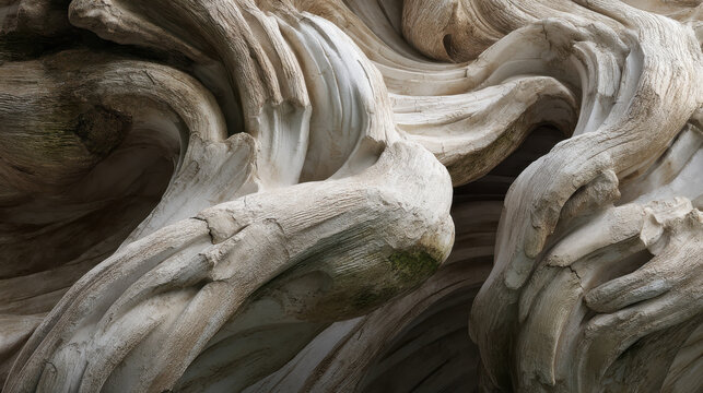 A closeup showcases the intricate textures and flowing forms of aged driftwood, revealing nature's artistry and the passage of time on weathered wood surfaces.