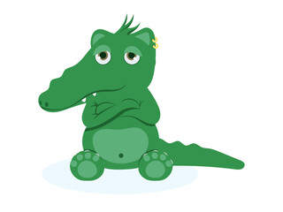 Sad cartoon green crocodile sitting with arms crossed, vector illustration