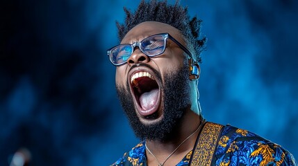 Bearded man with glasses is singing with his mouth open during a performance under blue lighting.