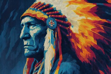 Fototapeta premium Vibrant geometric portrait of indigenous figure in feathered headdress