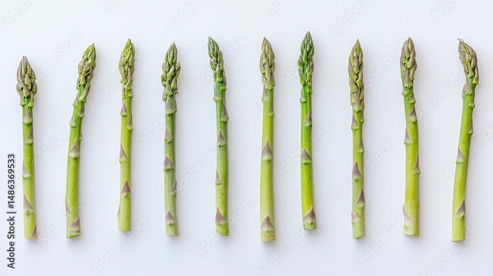 Poster twelve fresh green asparagus spears arranged in a row on a white background.