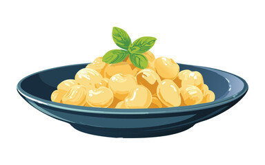 Bowl of Gnocchi with Basil Leaves - Vector Illustration