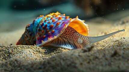 A colorful snail crawls on the sandy ocean floor