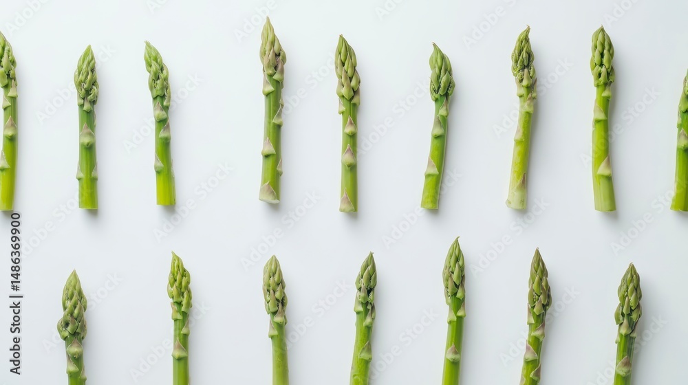 Poster flat lay of fresh green asparagus spears arranged in rows on white background.