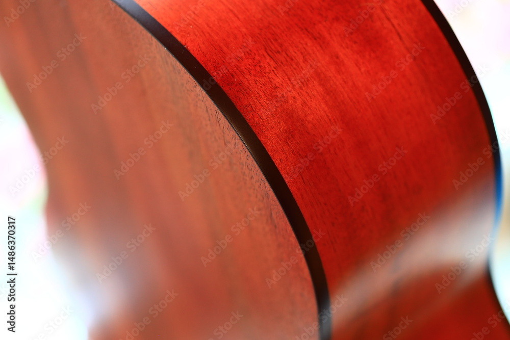 Poster a detailed view of a guitar with a blurred out background