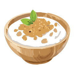 Greek Yogurt and Oatmeal on Wooden Bowl - Vector Illustration