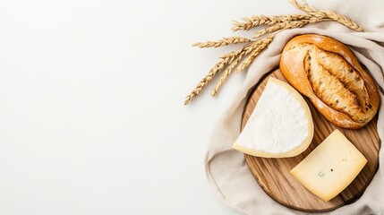 Bread and cheese are placed on a wooden board with wheat stalks, all resting on a beige linen cloth against a white surface.