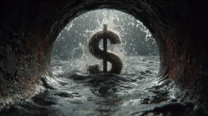 A dollar sign is seen in a dark, wet tunnel with water splashing, symbolizing money going down the drain.