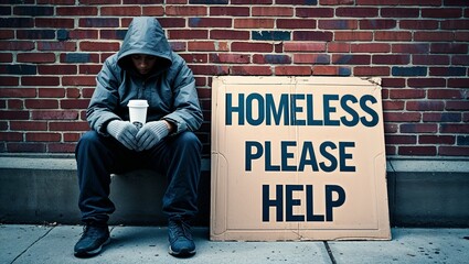 A person in a hoodie sits next to a sign that says homeless please help against a brick wall outside