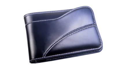 Black leather wallet, stitch detail, isolated, cut out transparent