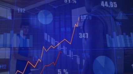 Coach guiding trainee dribbling basketball in gym, with floating financial line and bar charts - Powered by Adobe