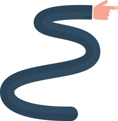Wavy graphic line with a sinuous curve, in the shape of hand of a businessman pointing with index finger, to point out elements in the graphic composition