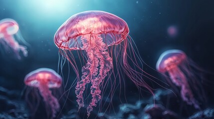 Fototapeta premium Ethereal Jellyfish Underwater Scene with Vibrant Colors and Glowing Tentacles in a Mystical Ocean Setting