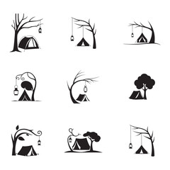 A collection of black silhouette-style vector illustrations featuring camping tents under various tree shapes with hanging lanterns. Perfect for outdoor,
📌 ব্যবহার নির্দেশনা: