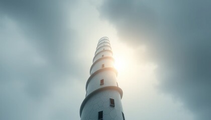 Dramatic spiral tower reaches sunlit clouds, abstract architecture