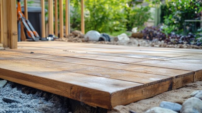 New wooden deck boards installation close up view